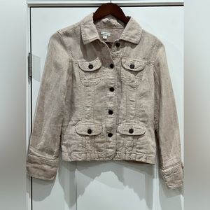 J. Jill 100% Linen Womens XS Petite Brown Tan Blazer Button Long Sleeve Jacket